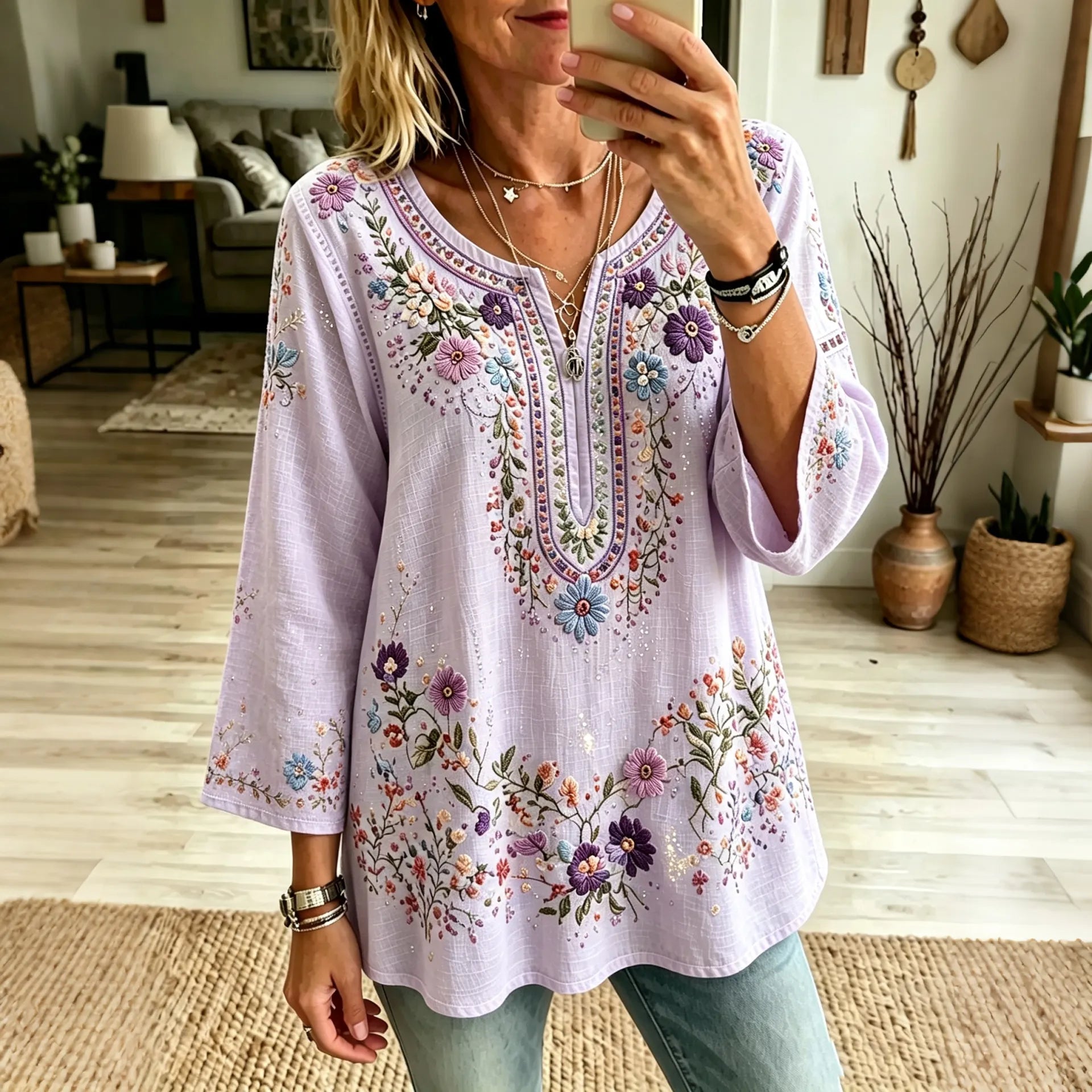 Women's Retro Purple Floral Art Cotton Linen V Neck T-shirt