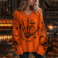 Women's Halloween Spooky Season Skeletal Hand-knit V-neck Sweater