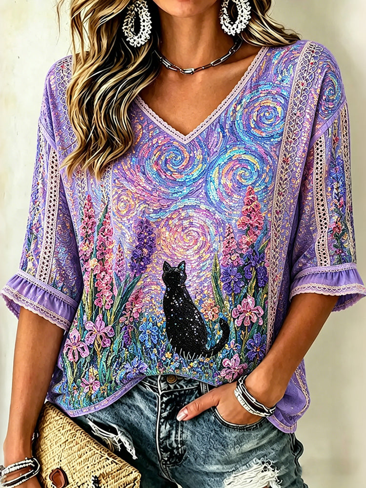 Women's Starry Sky Oil Painting Cat Sequin Print T-shirt