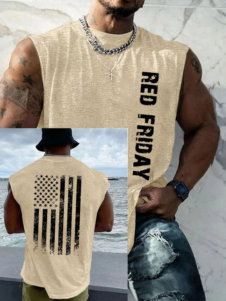 Red Friday America Flag Pattern Round Neck 100% Cotton Tank Top