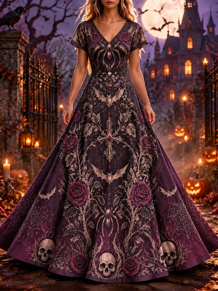 Women's Gothic Castle Skull, Bats, And Roses Graphic V-neck Long Dress
