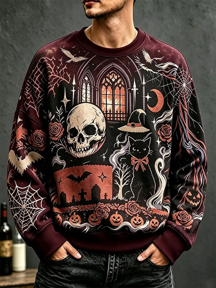 Men's Halloween Skull Cat Long-sleeve Hoodie