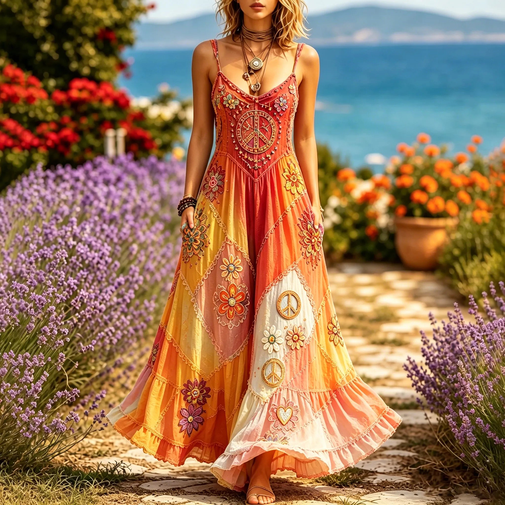 Women's Hippie Floral Peace Sign Contrast Patchwork Sleeveless Dress