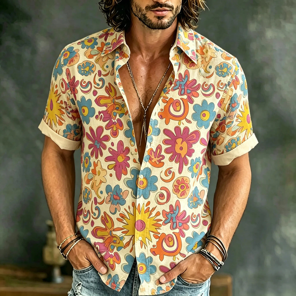 Men's Vintage Hippie Floral Art Print Short Sleeve Shirt