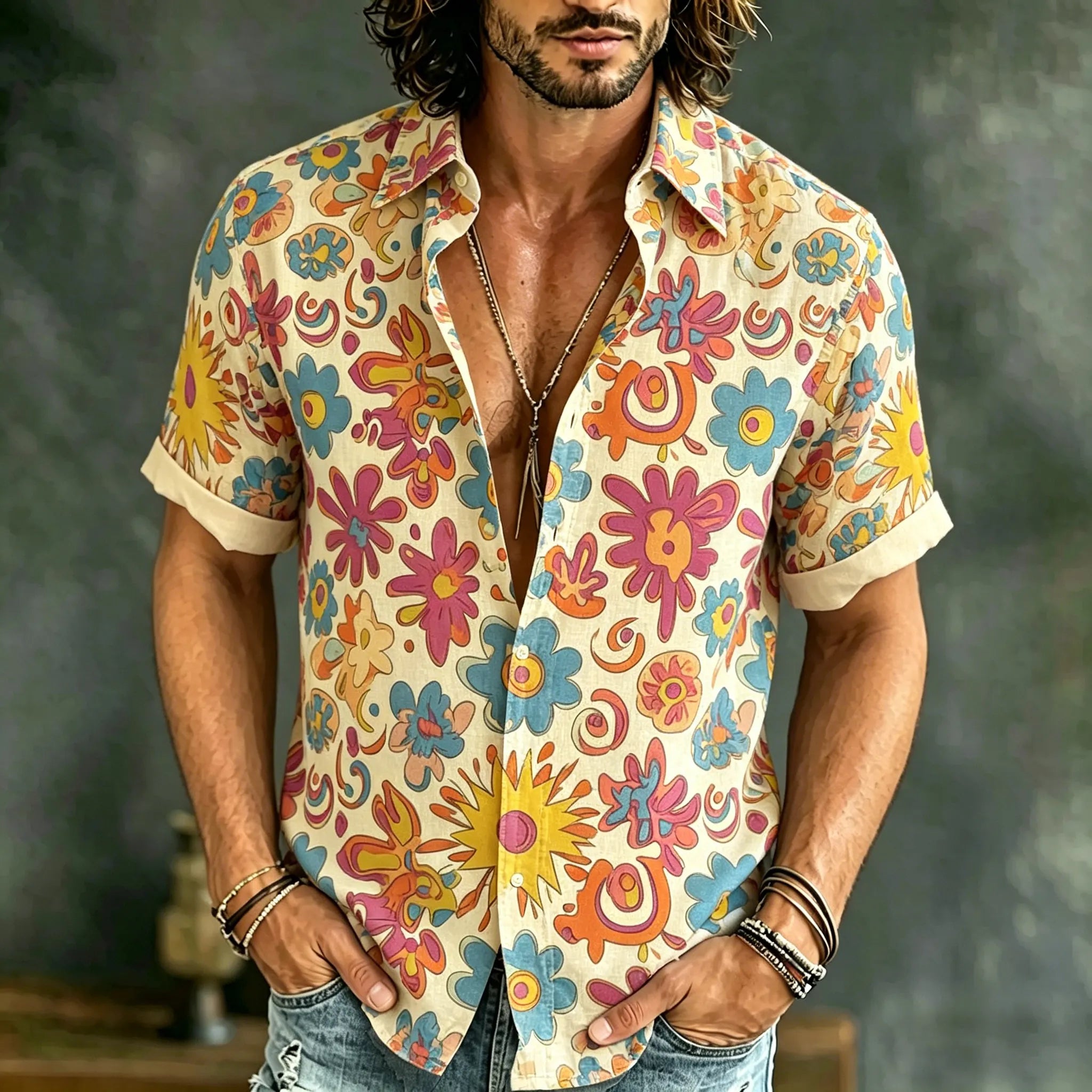 Men's Vintage Hippie Floral Art Print Short Sleeve Shirt