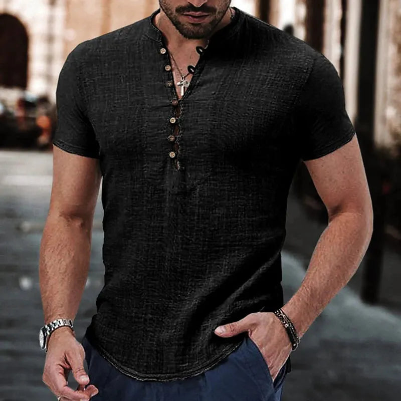 Men's Linen Short Sleeve Henley  T-Shirt