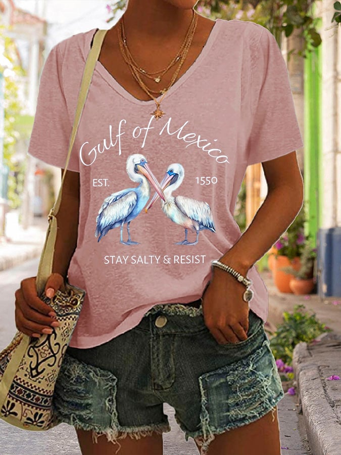 Women's Gulf Of Mexico Print V Neck Casual T-Shirt