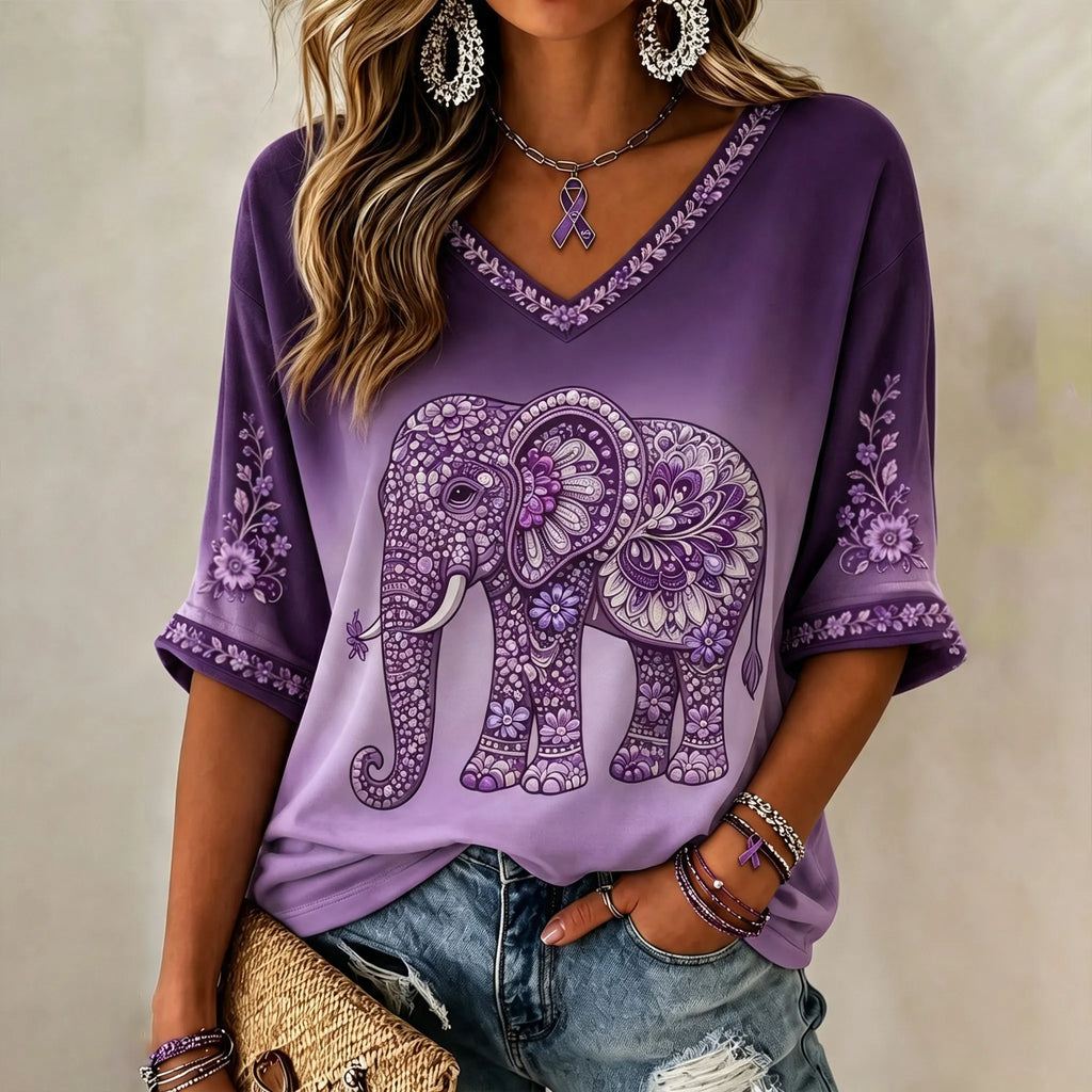 Women's Diamond Elephant Art Print Alzheimer's Awareness Support 3/4sleeves T-shirt
