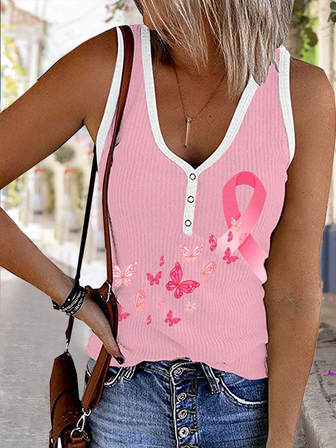 Womens Breast Cancer Awareness Ribbon Butterfly Print Tank Top