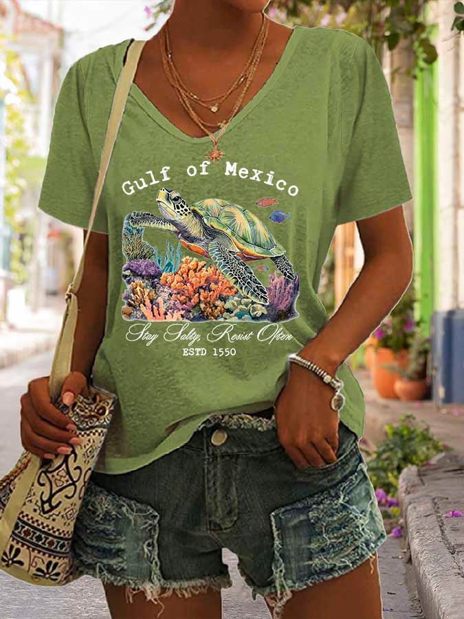 Women's Gulf Of Mexico Print V Neck Casual T-Shirt