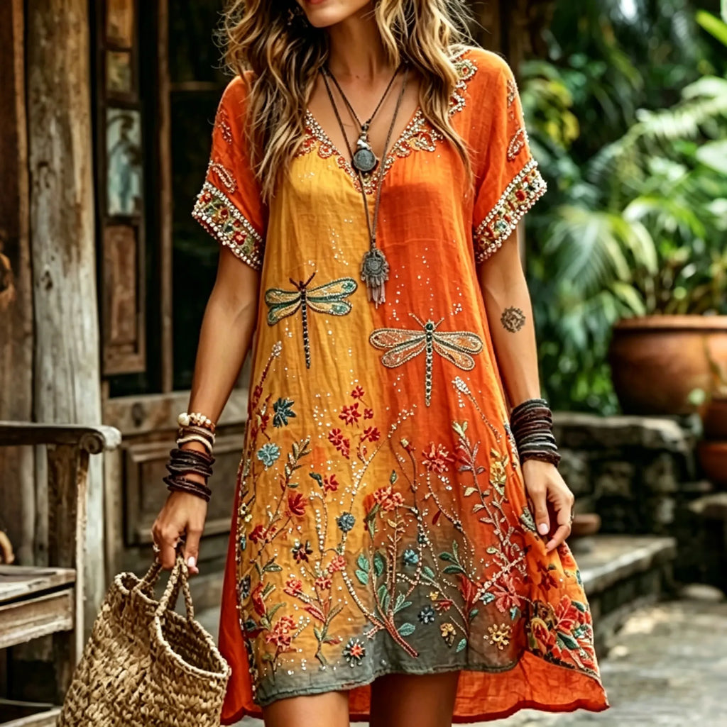 Women's Vintage Hippie Floral And Dragonfly In Patchwork Pattern Art Embroidered Linen Blend Dress
