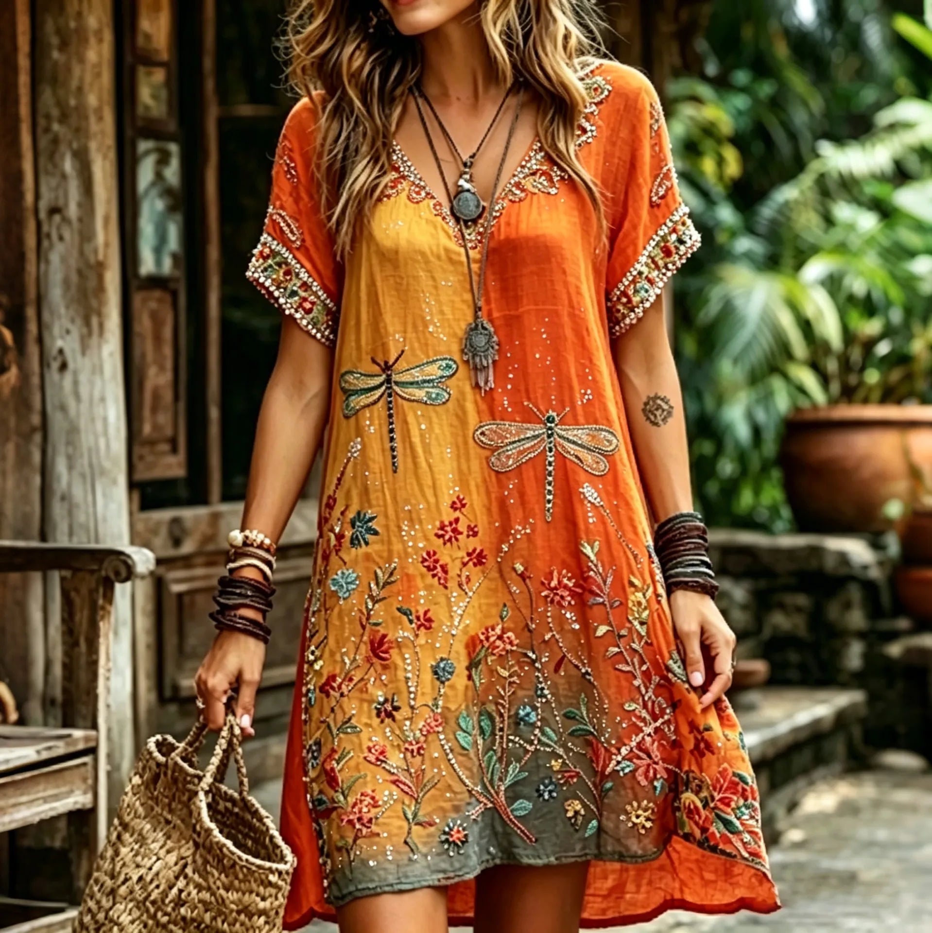 Women's Vintage Hippie Floral And Dragonfly In Patchwork Pattern Art Embroidered Linen Blend Dress