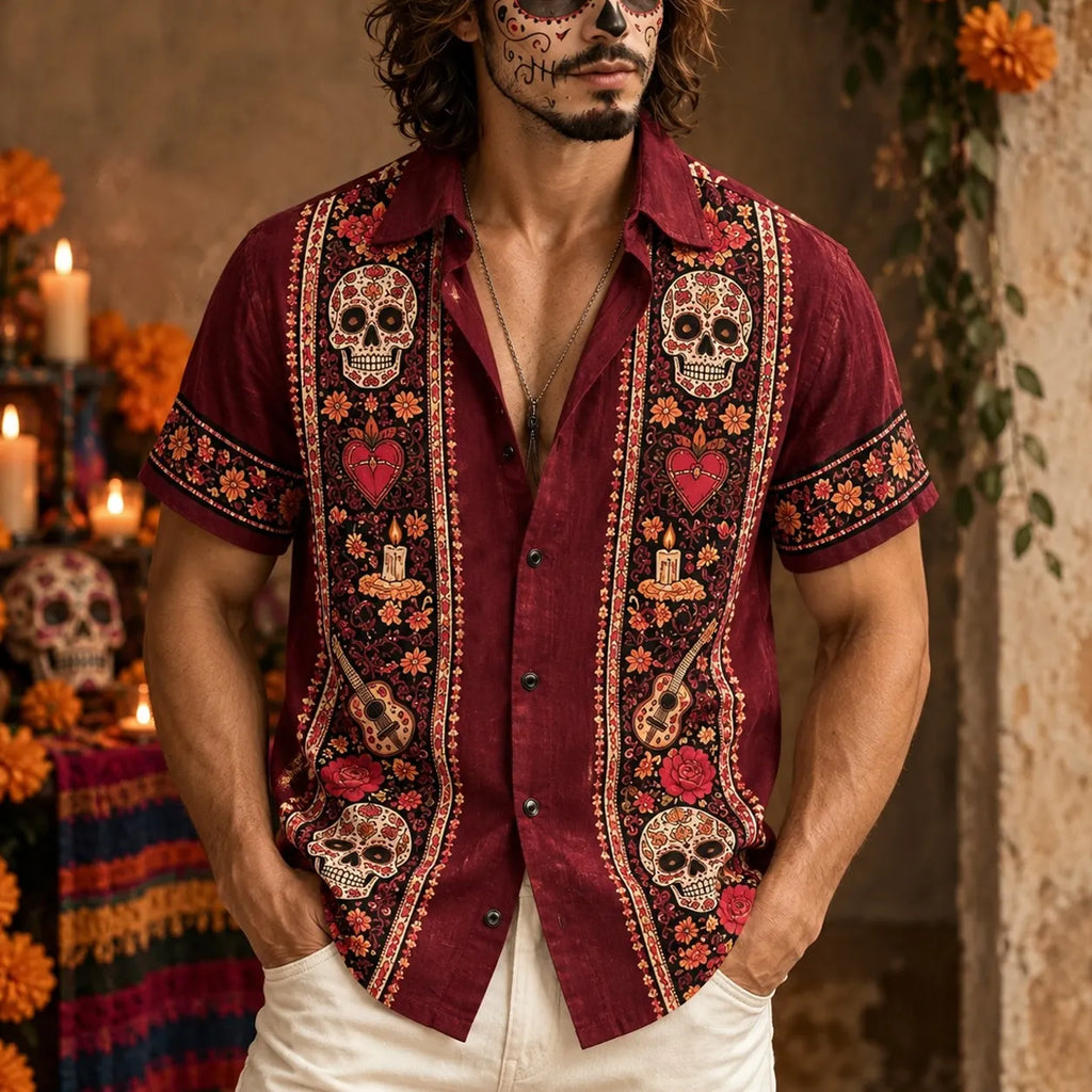 Men‘s Retro Mexico Day Of The Dead Sugar Floral Skull Graphics Printed Shirt