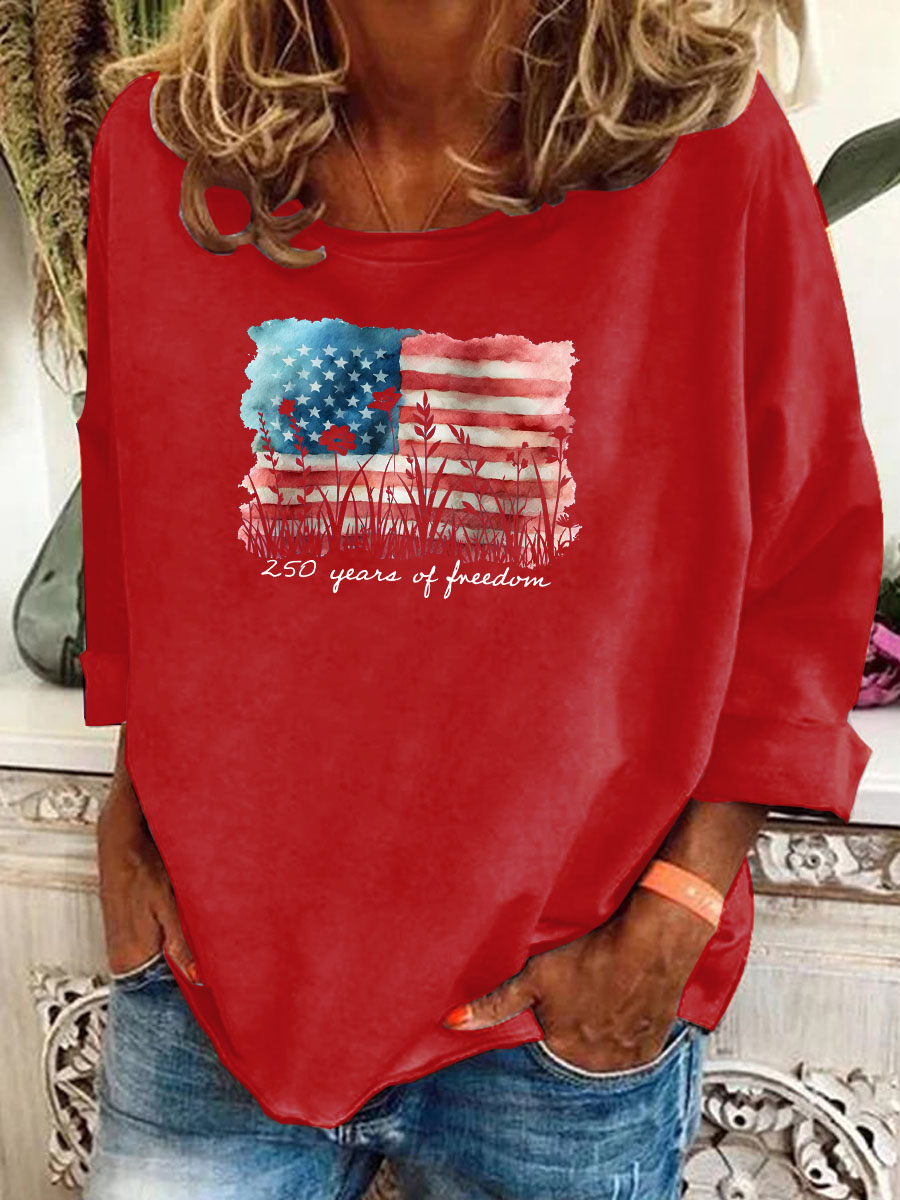 Women's Watercolor 250 Years Of Freedom Pattern Long Sleeve T-Shirt