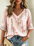 Women's Casual Retro Floral-Print Breast Cancer Awareness T-Shirt