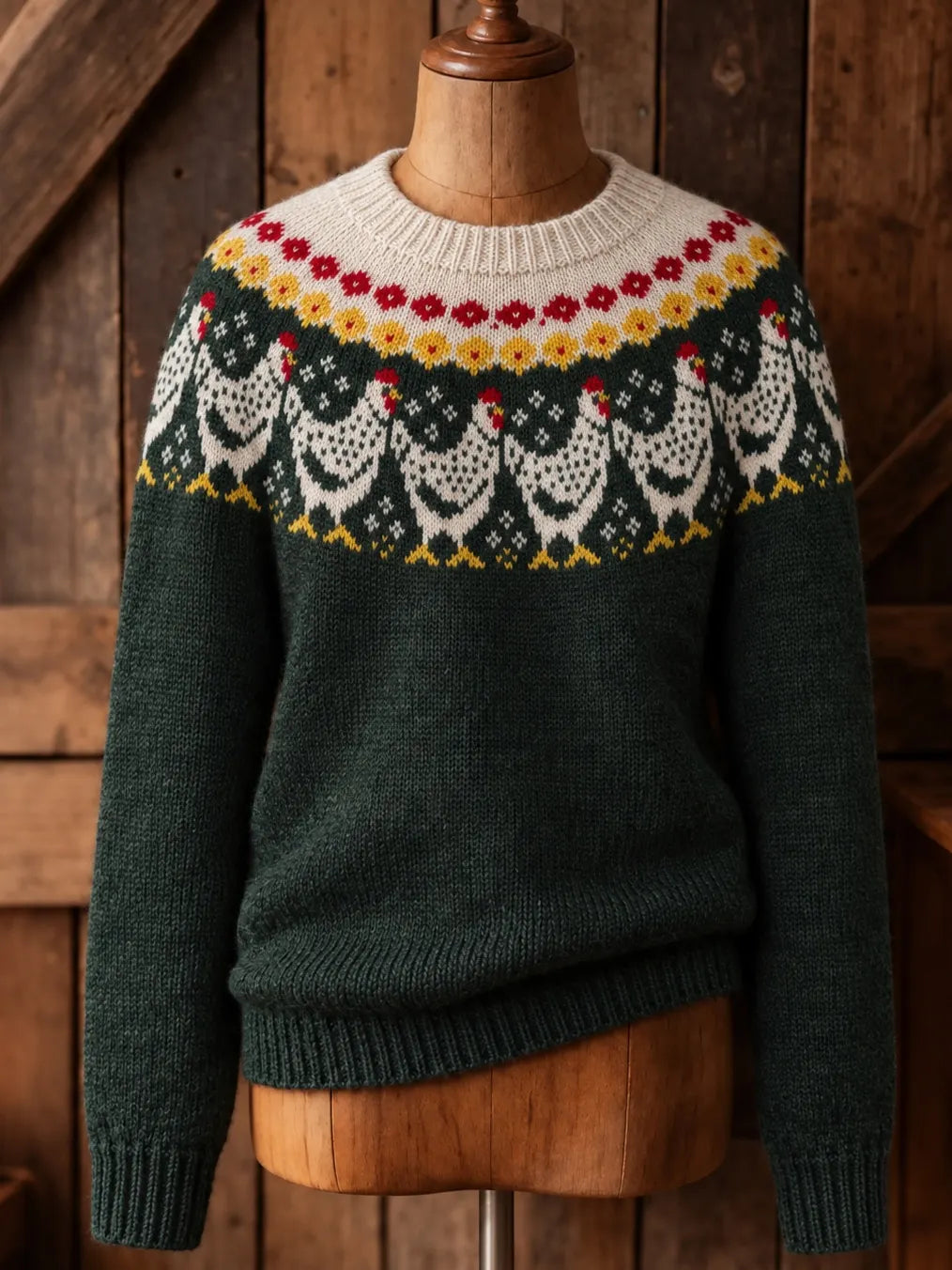Women's Retro Chicken Print Cozy Fair Isle Style Knit Sweater