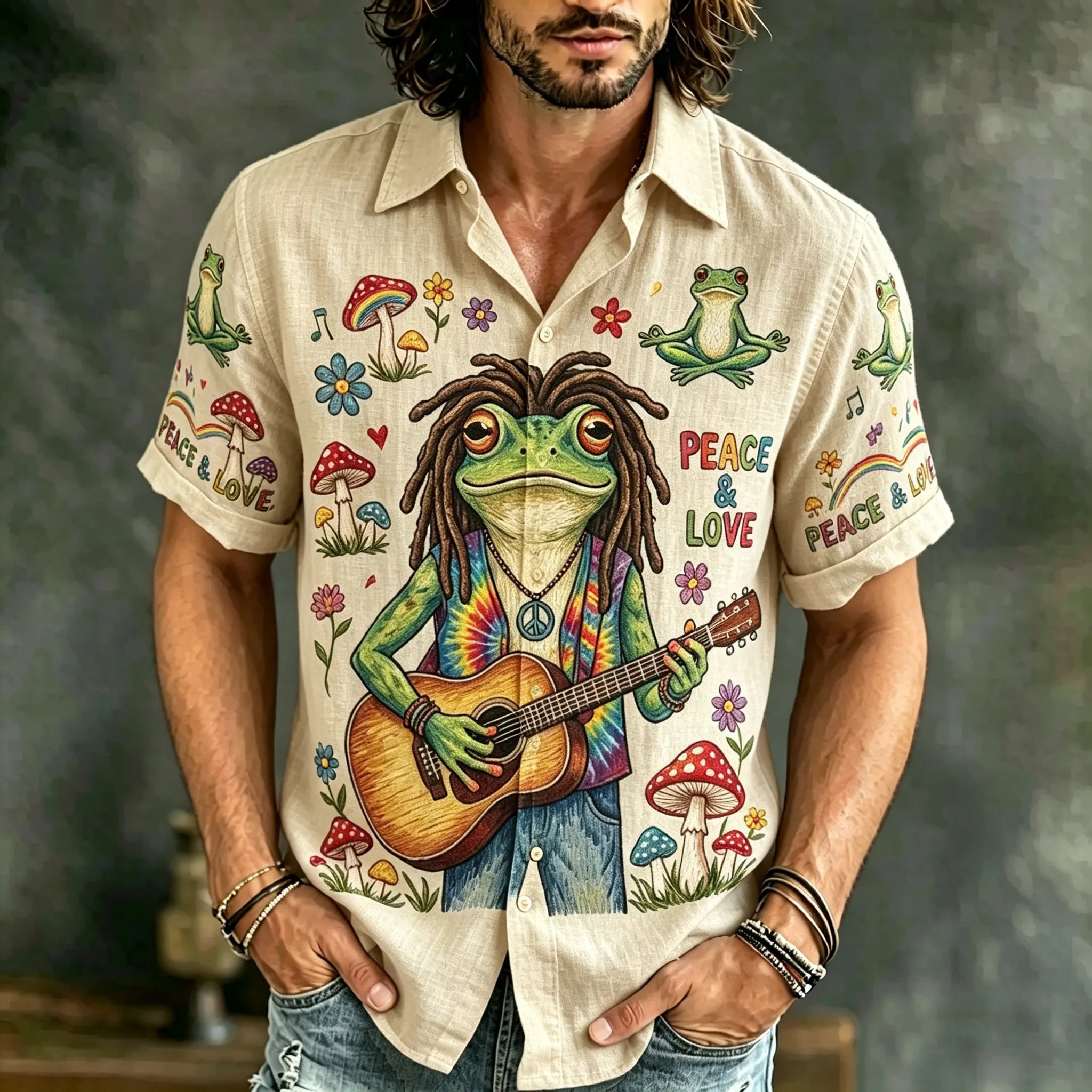 Men's Funny Frog Playing Guitar Hippie Art Print Short Sleeve Shirt
