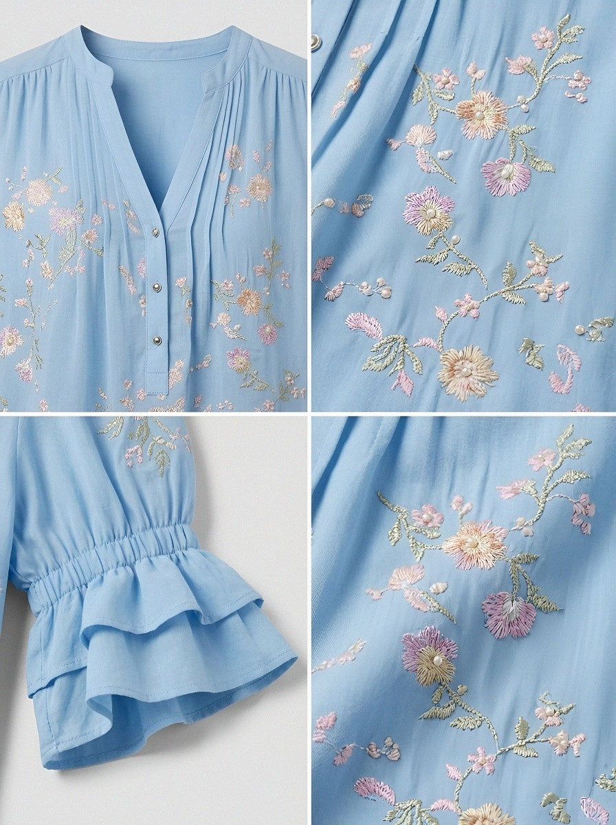 Women's Western Vintage Floral Embroidered Ruffle Sleeve Blouse