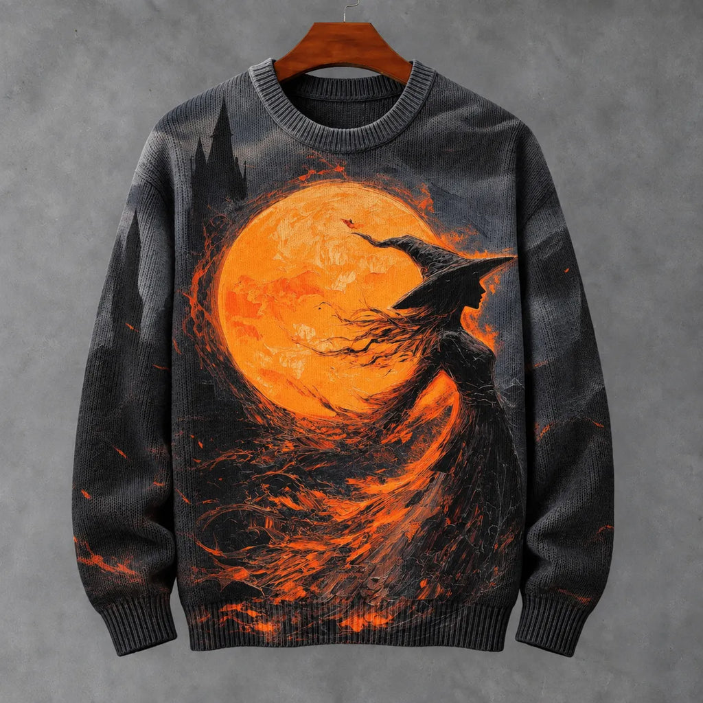 Men's Retro Halloween Moon Print Casual Knit Sweater