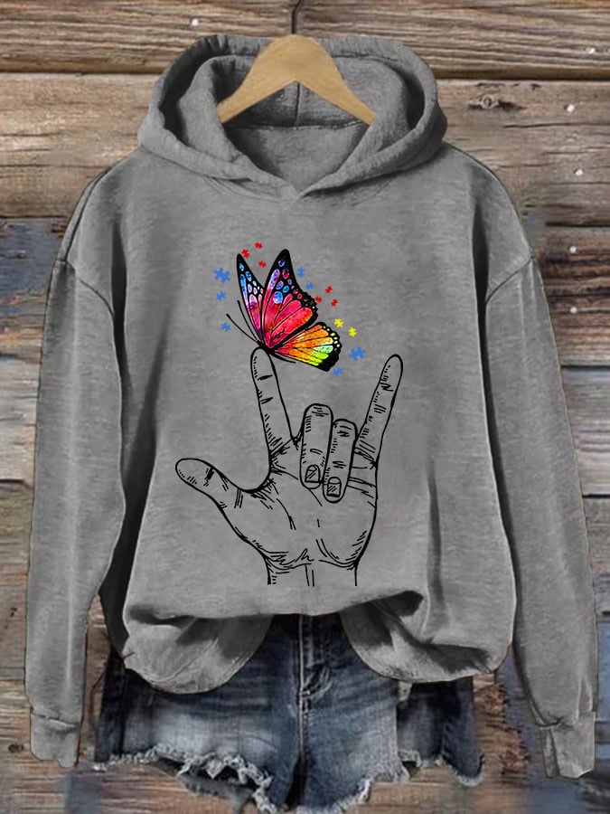 Retro Autism Awareness Butterfly I Love You Hand Sign Language Print Hoodie