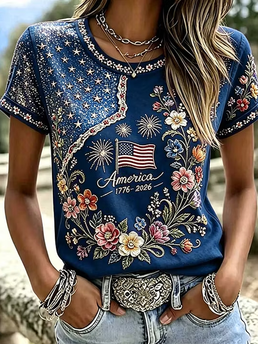 American Women'S Anniversary Flag And Flower Art Patch Printed Short Sleeves