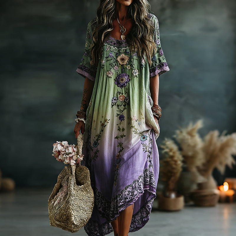 Classy Gradient Purple Lavender And Floral Short Sleeve Linen Maxi Dress