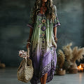 Classy Gradient Purple Lavender And Floral Short Sleeve Linen Maxi Dress