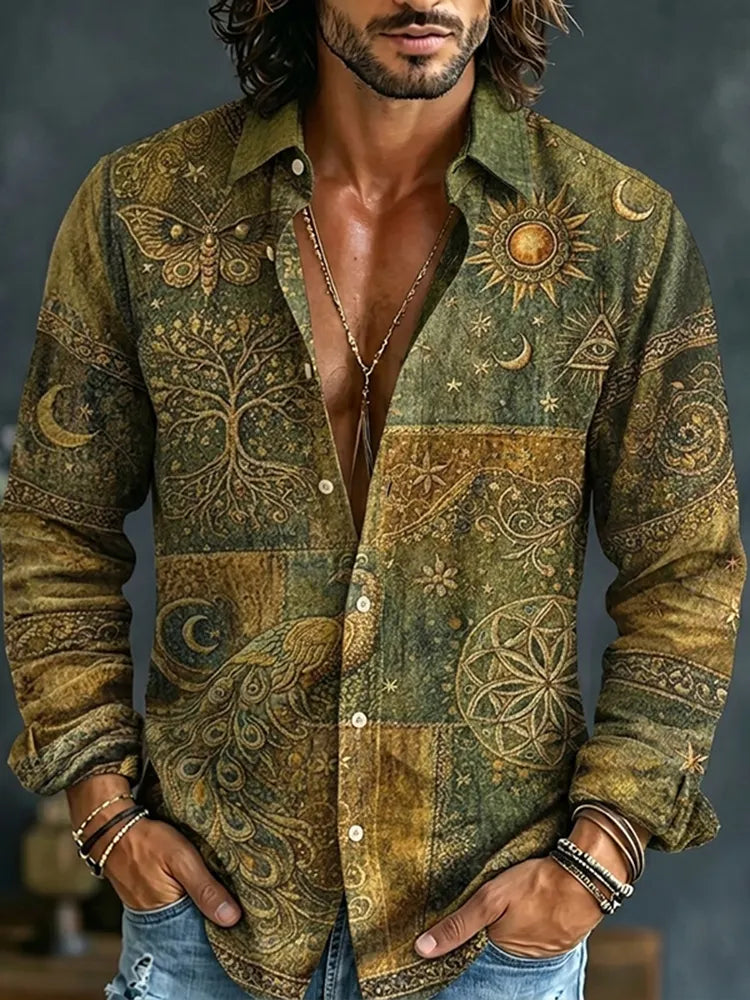 Men's Mystical Hippie Style Peacock Sun And Moon Art Print Long Sleeve Shirt