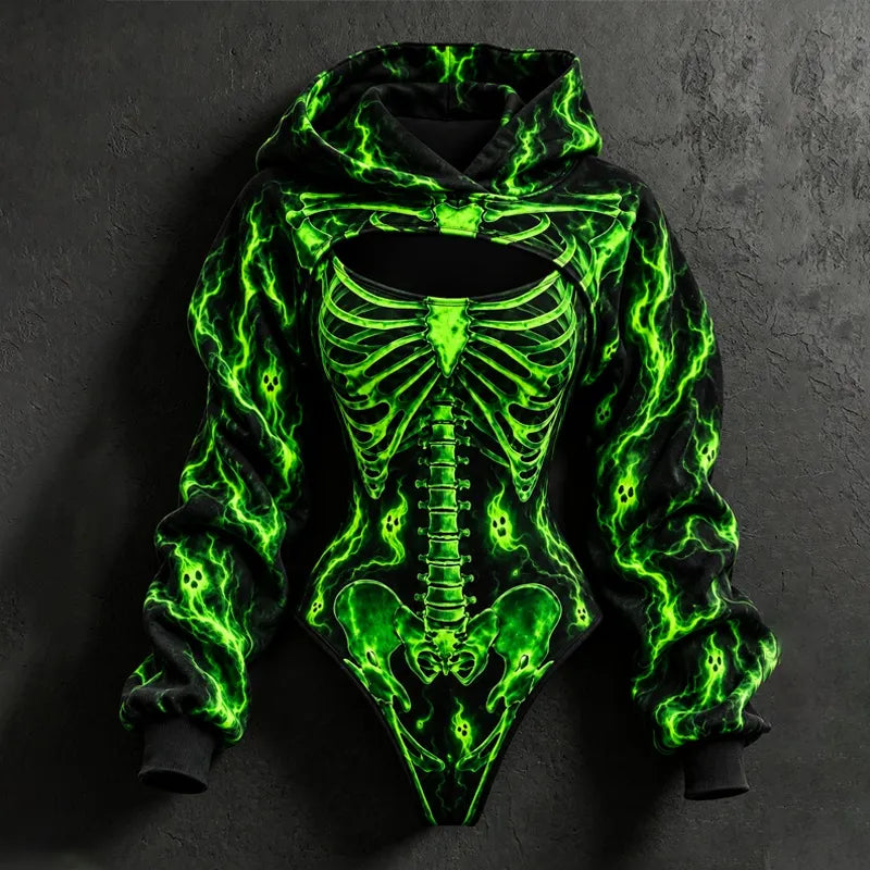 Women's Gothic Halloween Skull, Flame, Lightning, Ghost Print Sweatshirt And Jumpsuit Two-piece Set