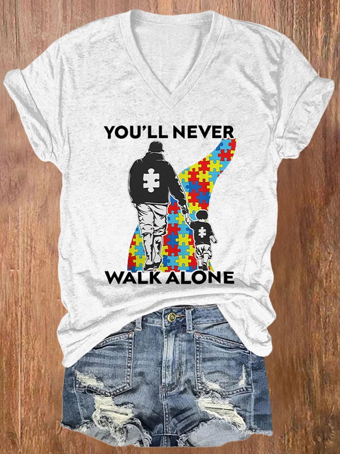 V-Neck Retro Autism Awareness Dad And Son You'll Never Walk Alone Print T-Shirt