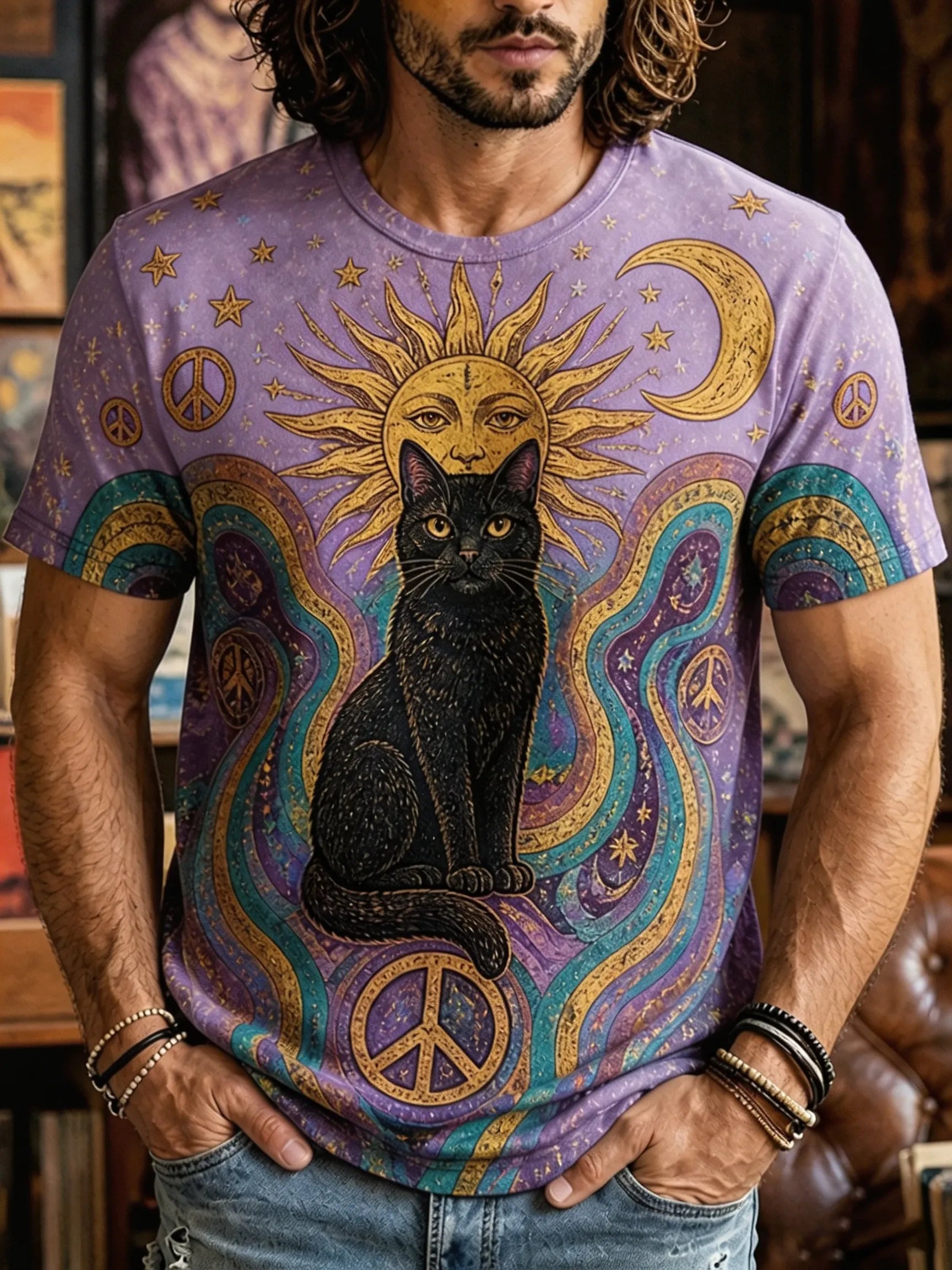 Men's Cosmic Purple Sun, Moon, And Black Cat Print Short Sleeve T-shirt