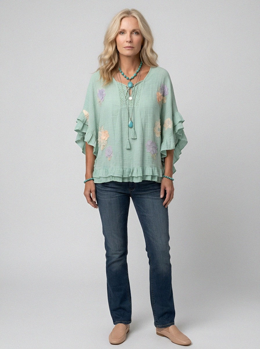 Women's Western Vintage Floral Embroidered Ruffle Sleeve Top