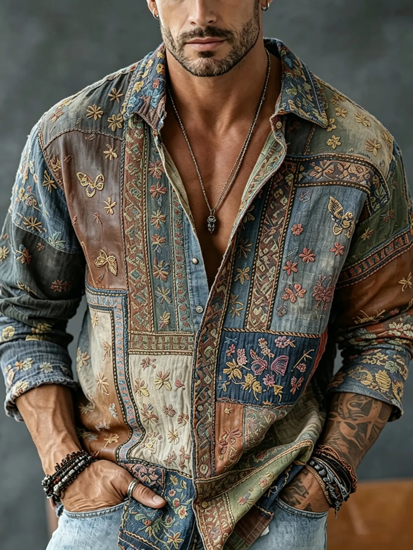 Men's Vintage Floral  Patchwork Embroidered Art Print Flowy Linen Blend Casual Shirt