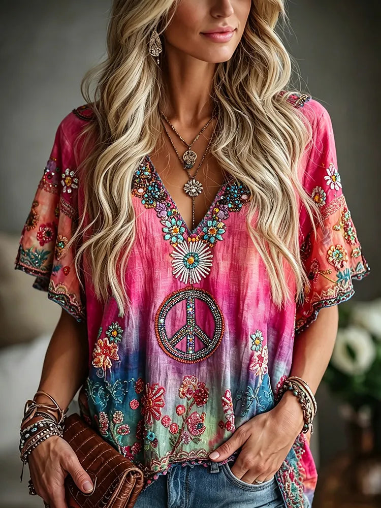 Women's Vintage Hippie Floral Art Linen Blend Short Sleeve Tops
