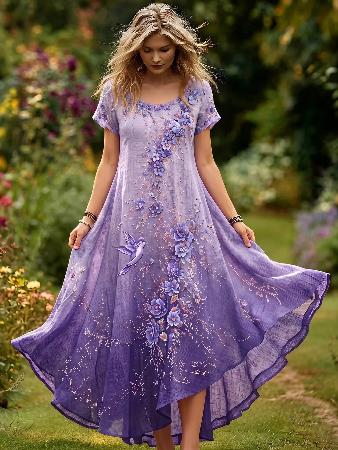 Women's Purple Floral & Hummingbird Print Alzheimer's Awareness Casual Dress
