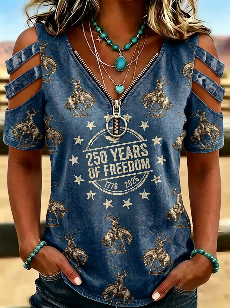 Women's Western Independence Day Cowboy Rodeo Printed Cold Shoulder T-shirt
