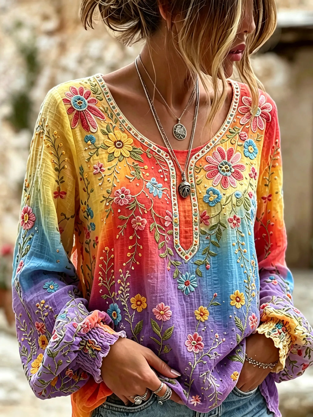 Women's Vintage Floral In Hippie Rainbow Art Print Flowy Linen Blend Linen Blend Long Sleeve Casual Tops
