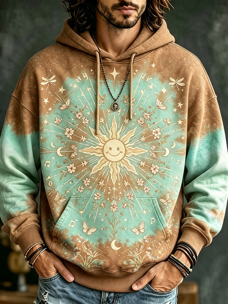 Men's Boho Smiley Sun & Floral Print Hoodie - Vintage Washed Celestial Graphic Pullover