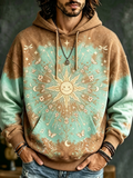 Men's Boho Smiley Sun & Floral Print Hoodie - Vintage Washed Celestial Graphic Pullover