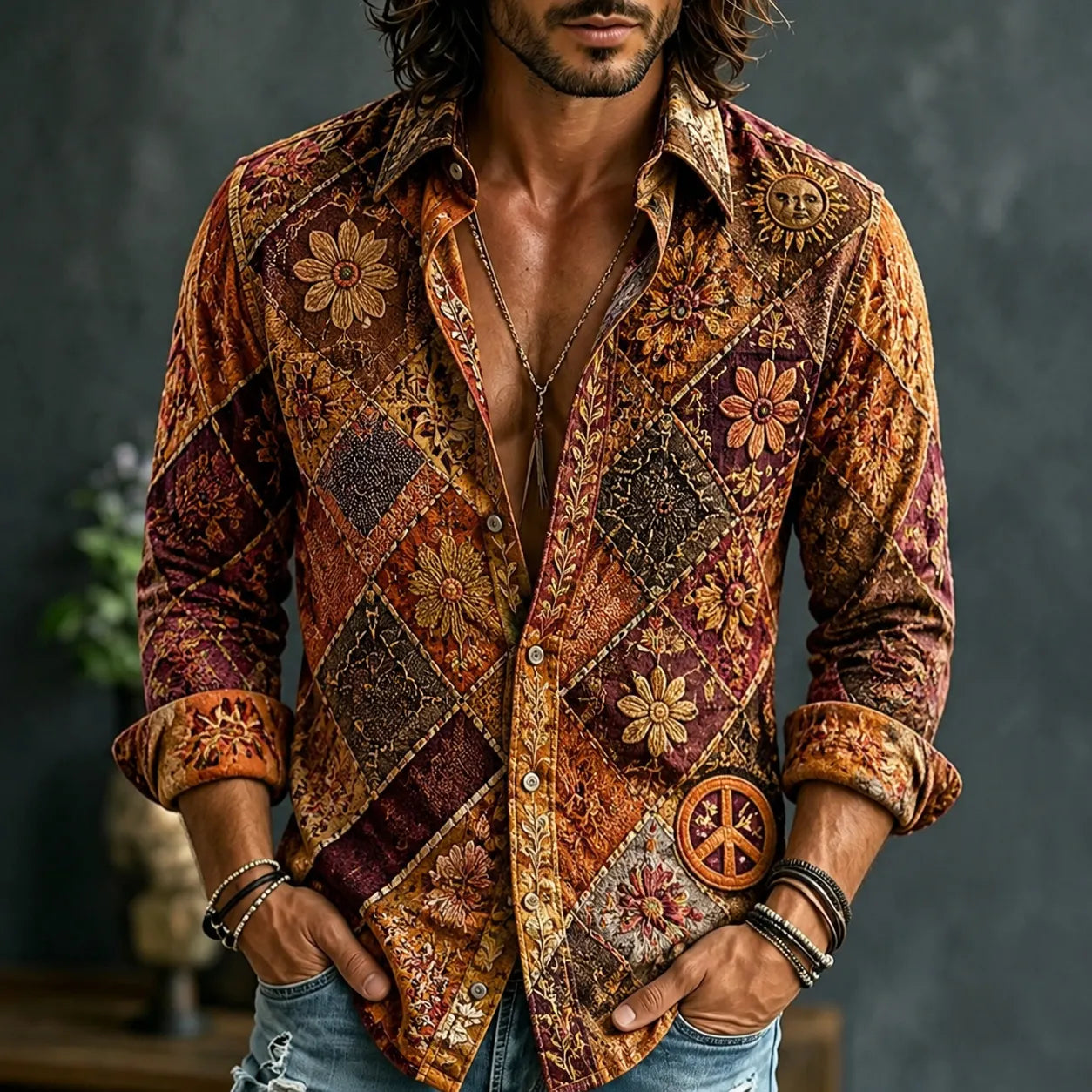 Men's Retro Hippie Style Patchwork Embroidered Print Cotton Linen Shirt
