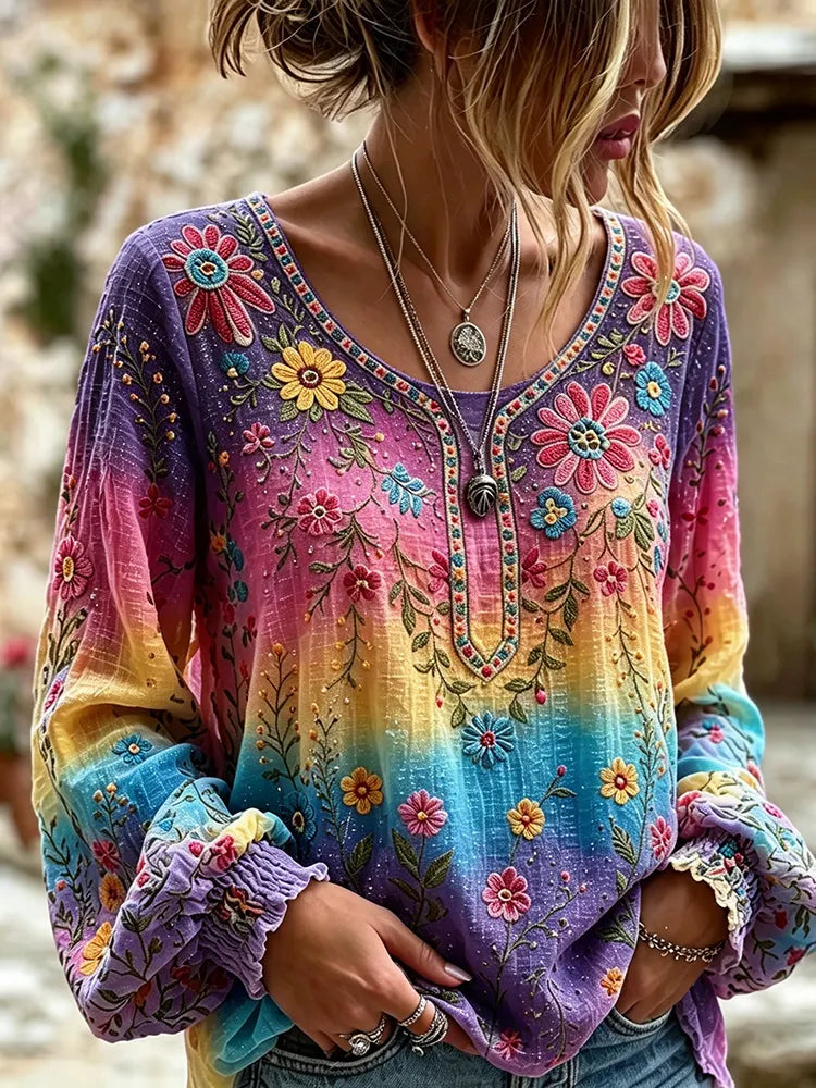 Women's Vintage Floral In Hippie Vibe Art Print Flowy Linen Blend Linen Blend Long Sleeve Casual Tops