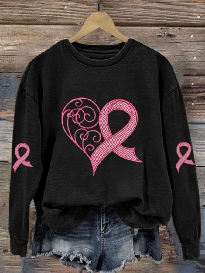 Women's Breast Cancer Awareness Heart Ribbon Print Sweatshirt