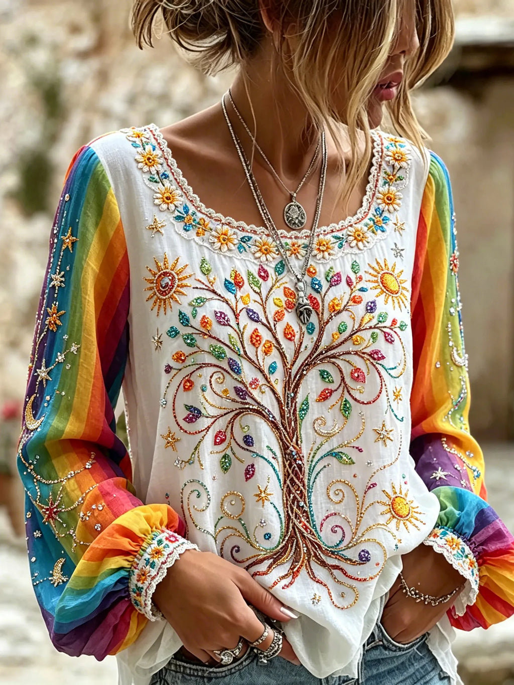 Women's Retro Colorful Tree Of Life Hippie Pattern Casual T-shirt