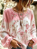Women's Vintage-Style Printed Cotton-Linen Top