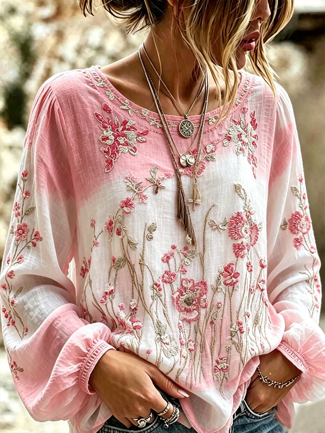 Women's Vintage-Style Printed Cotton-Linen Top