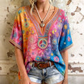 Women's Retro Hippie Floral Art Linen Blend Short Sleeve Tops
