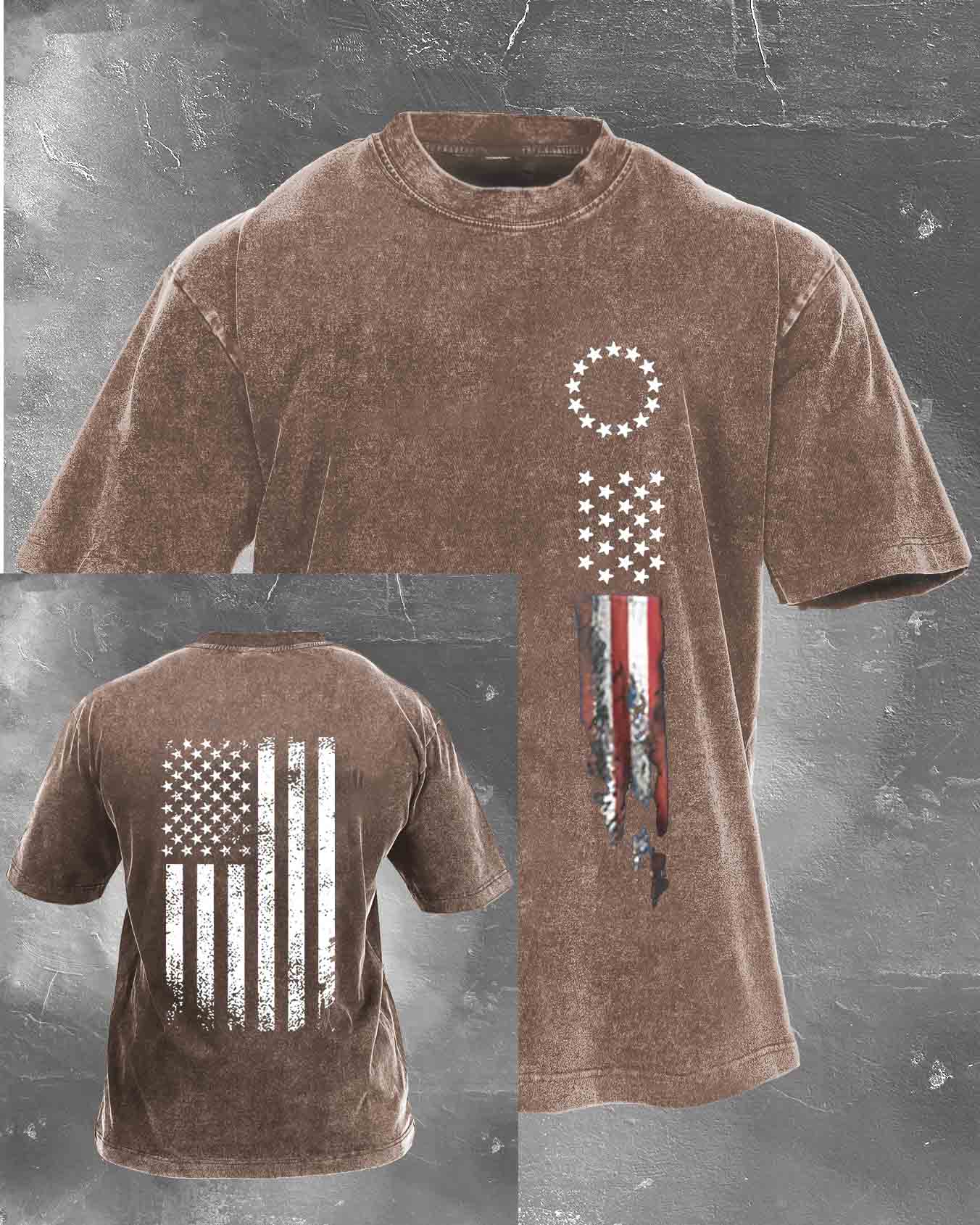 Amierica Flag Pattern Washed Distressed Crew Neck 100% Cototon T-Shirt