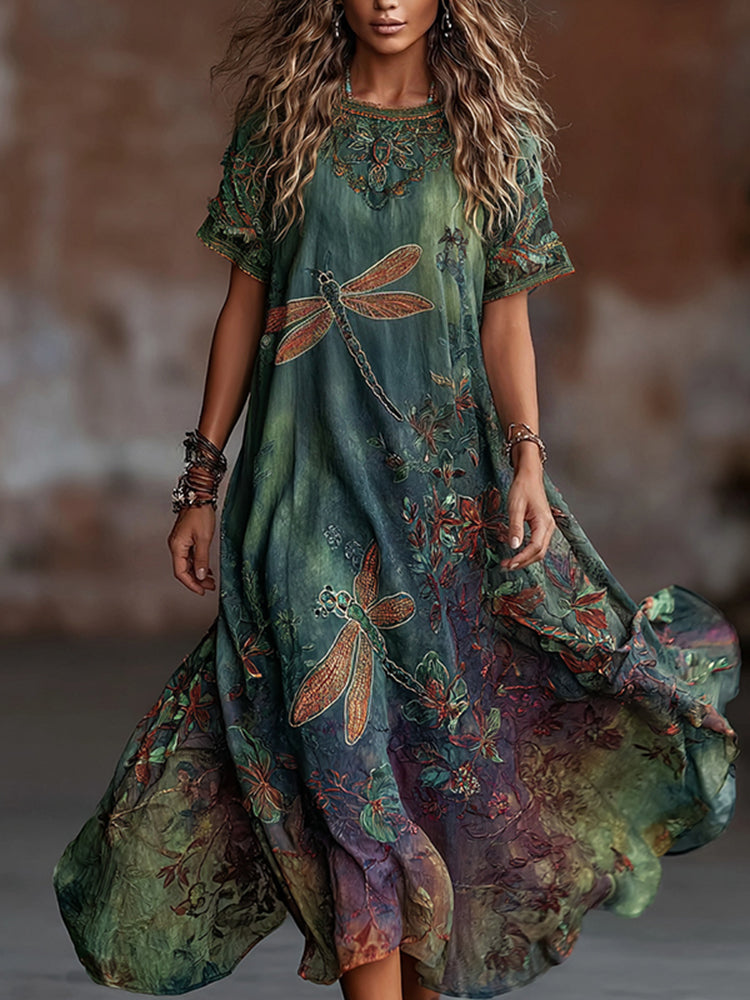 Women's Vintage Dragonfly Floral Gradient Art Flowy Linen Maxi Dress