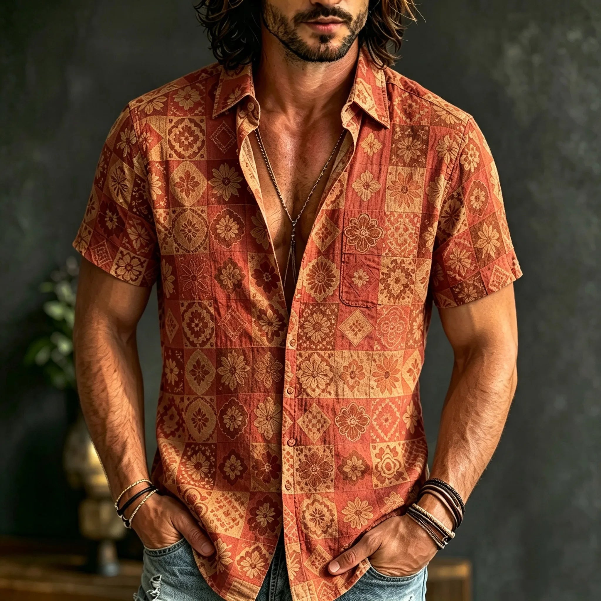 Men's Boho Patchwork Floral Print Hippie Cotton And Linen Comfortable Short Sleeve Shirt