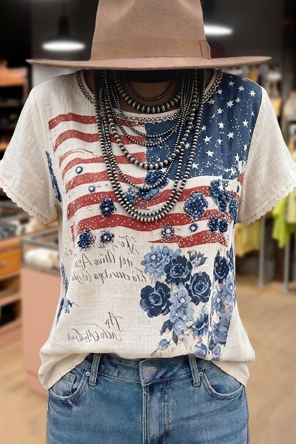 American Flag Floral Print Lace Trim T-Shirt